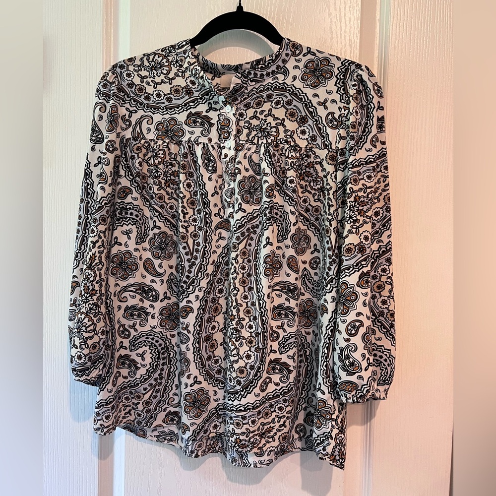 LOFT Black and White 3/4 Sleeve Blouse with Peter Pan Collar